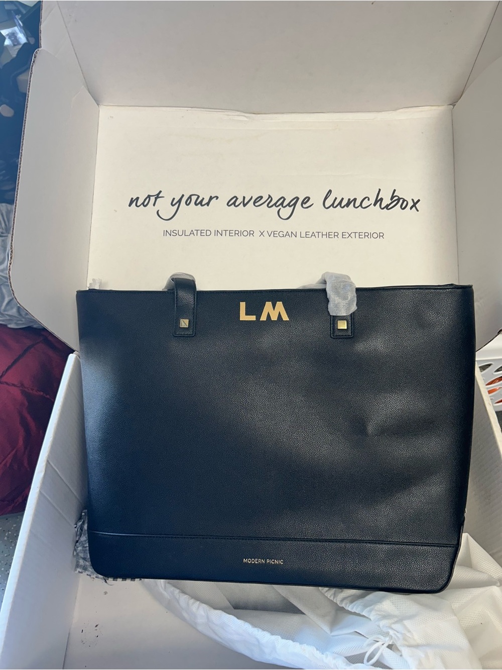 Modern Picnic Insulated Lunchbox Tote Bag  Black Vegan Leather w/initials LM new